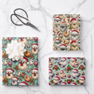Christmas Silkie Chicken 3-Sheet Flat Wrapping Paper Sheets
