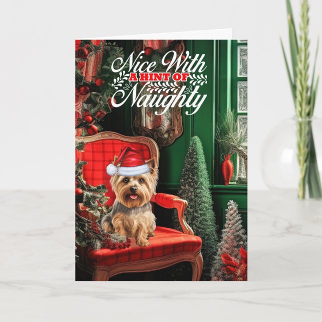 Christmas Silky Terrier Dog Naughty or Nice Holiday Card (Front)