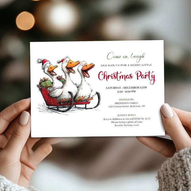 Christmas Silly Geese Whimsy Cartoon Party Invite (Christmas Silly Geese Whimsy Cartoon Party Invitation)