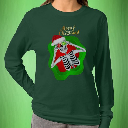 Christmas Silly Skeleton Santa Hat Spatter shape T_Shirt