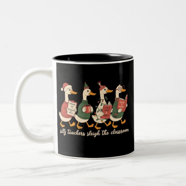 Christmas Silly Teacher Goose Gift Cozy Winter  Two-Tone Coffee Mug (Left)
