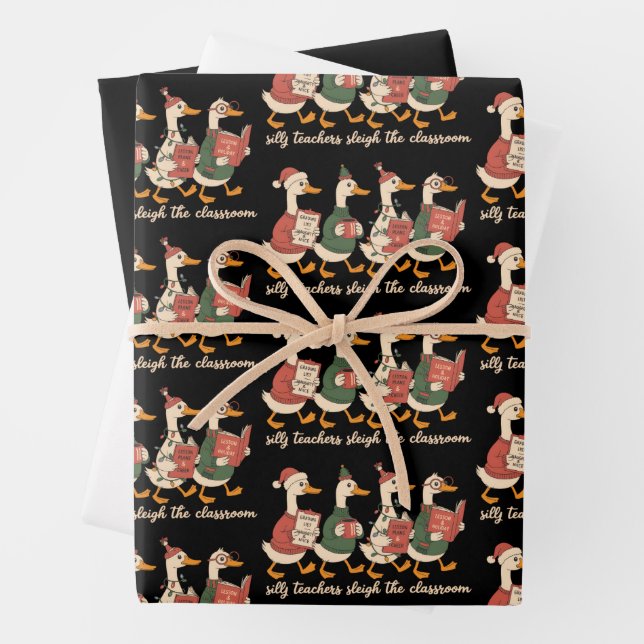 Christmas Silly Teacher Goose Gift Cozy Winter  Wrapping Paper Sheets (In situ)