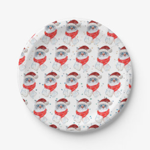 Christmas Silver And White Cat With Santa Hat Paper Plates