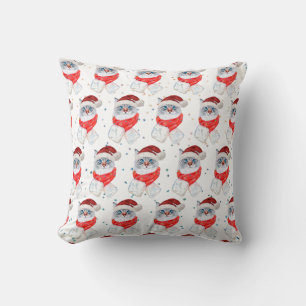 Christmas Silver And White Cat With Santa Hat Throw Pillow