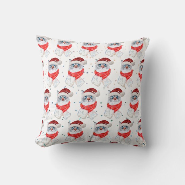 Christmas Silver And White Cat With Santa Hat Throw Pillow (Front)