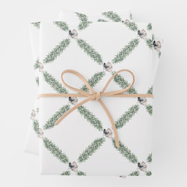 Christmas Silver Bells Garland Wrapping Paper Sheets (In situ)