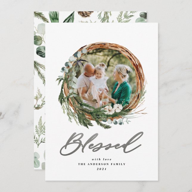Christmas silver  blessed script botanical 1 photo holiday card (Front/Back)