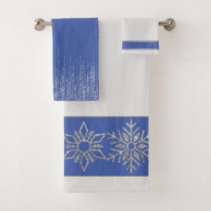 Christmas Silver Bling Snowflakes with White Blue Bath Towel Set