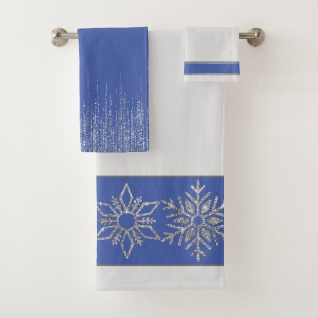 Christmas Silver Bling Snowflakes with White  Blue Bath Towel Set (Insitu)
