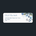 Christmas silver blue baubles snowy pines label<br><div class="desc">Christmas classic silver blue baubles and snowflakes snowy fir trees watercolor template return address label</div>