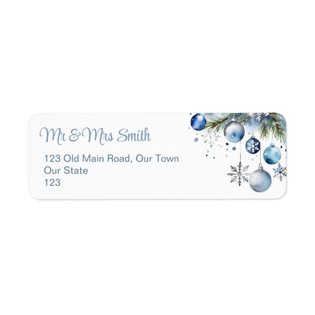 Christmas silver blue baubles snowy pines label (Front)