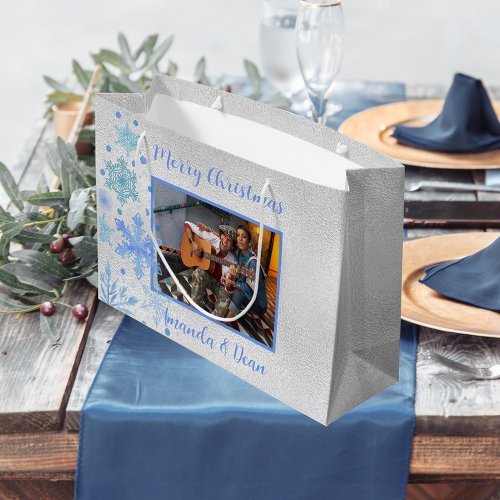 Christmas silver blue snowflakes photo large gift bag