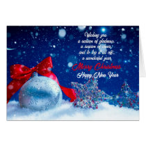 Christmas Silver Bulb with Red Ribbon on Blue