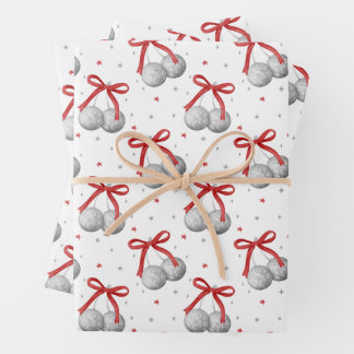 Christmas Silver Disco Ball Ornaments with Red Bow Wrapping Paper Sheets