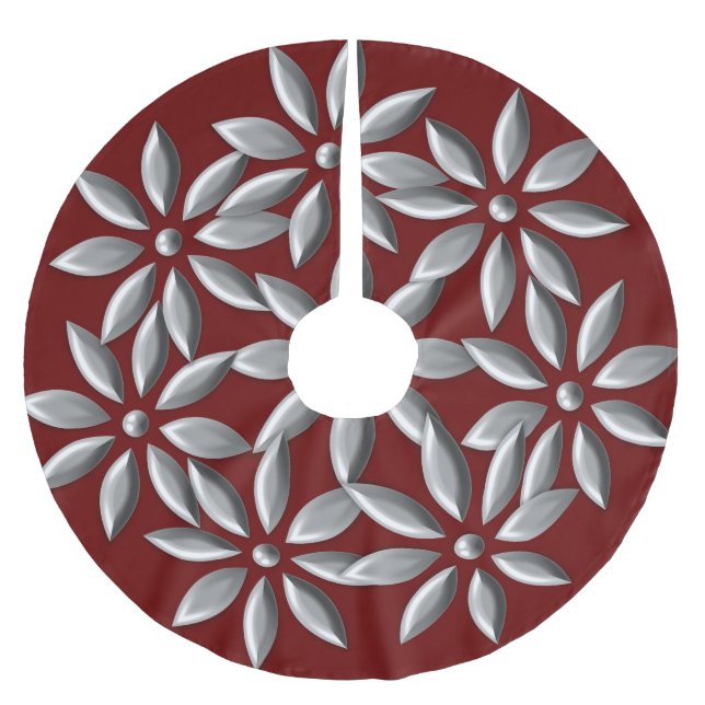 Christmas Silver Flowers Pattern Marron Brushed Polyester Tree Skirt (Front)