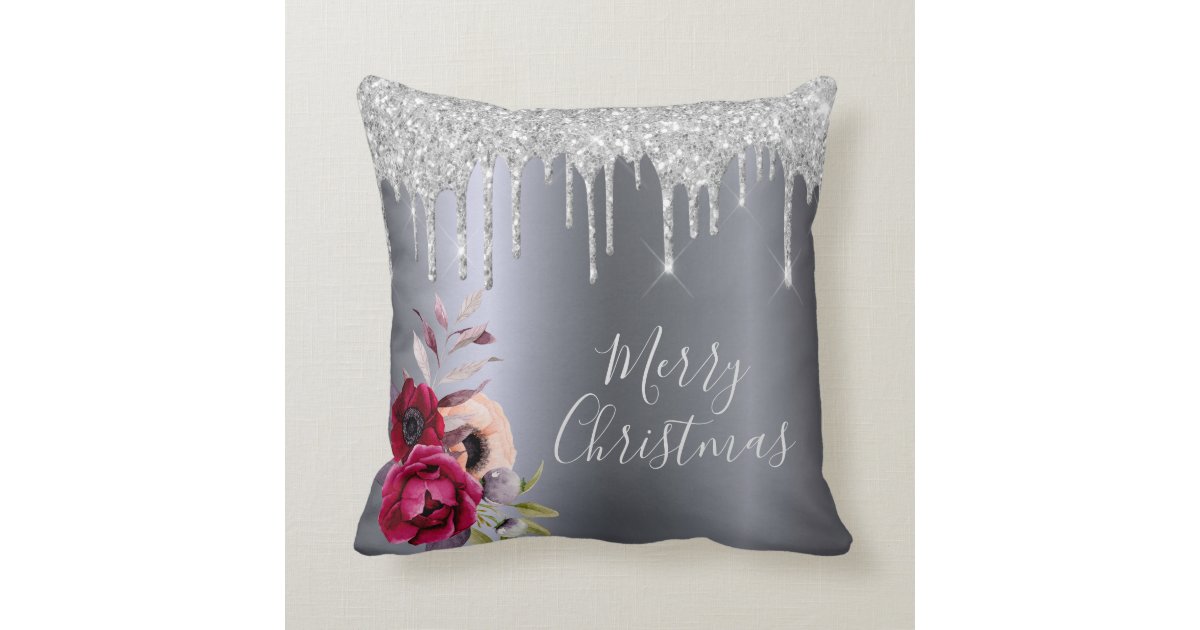Christmas silver glitter drip foil floral burgundy throw pillow | Zazzle.com