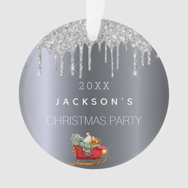 Christmas silver glitter drip old red sleigh ornament (Front)