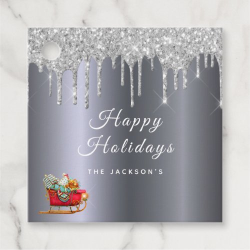 Christmas silver glitter drip red sleigh name favor tags