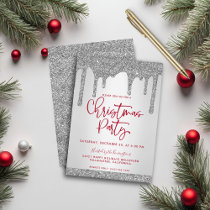 Christmas Silver Glitter Drips Christmas Party Invitation