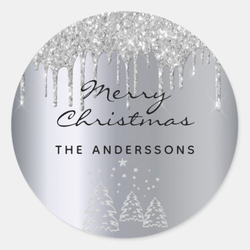 Christmas silver glitter drips classic round sticker