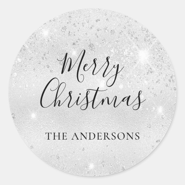 Christmas silver glitter monogram classic round sticker (Front)