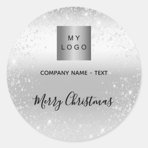 Christmas silver glitter sparkles business logo classic round sticker