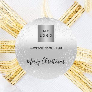 Christmas silver glitter sparkles business logo classic round sticker
