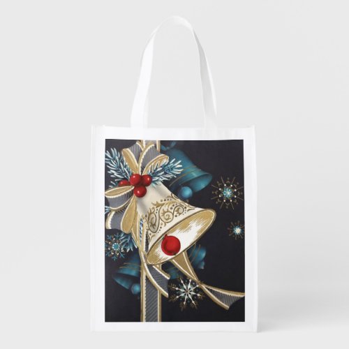 Christmas Silver  Gold Bell Ribbon Red Berries Grocery Bag