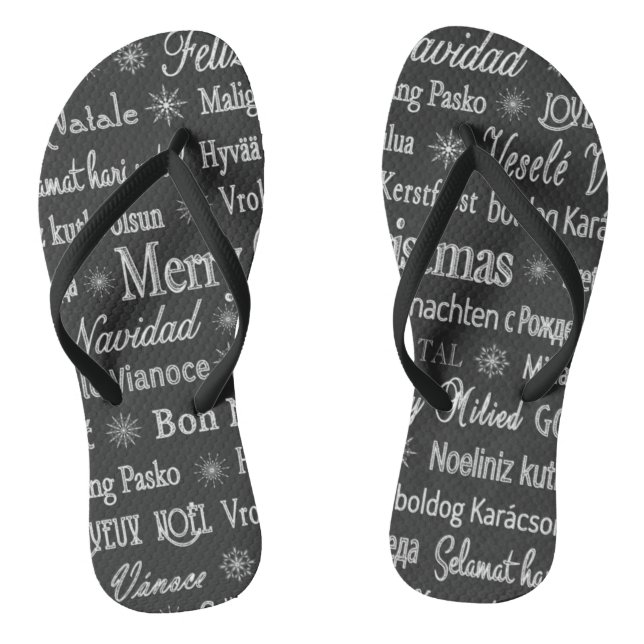 Christmas Silver Gray Holidays Black Flip Flops (Footbed)