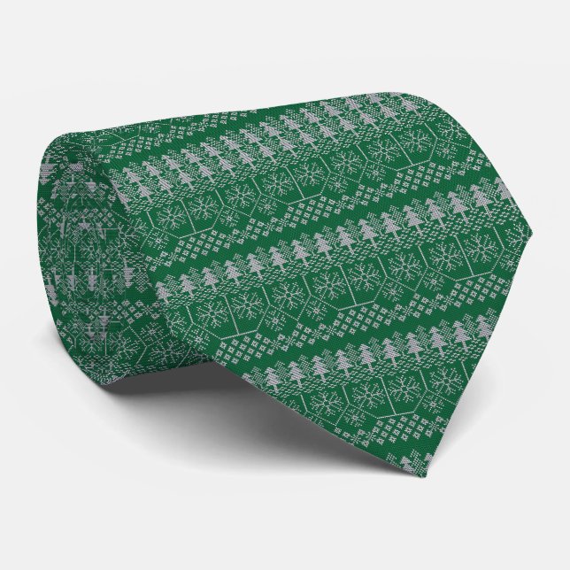 Christmas Silver Green Pattern Holidays Neck Tie (Rolled)