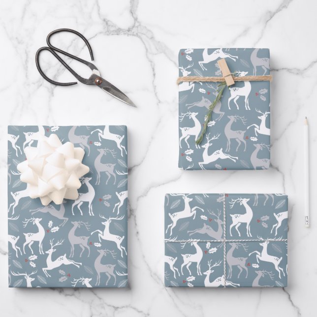 Christmas Silver Holiday Reindeer Wrapping Paper Sheets (Front)