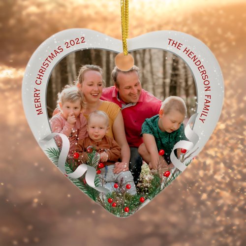 Christmas Silver Holly Pine Frame Family Photos  Ceramic Ornament