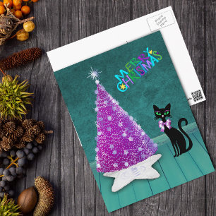 Christmas Silver Pink Tree Atomic Black Cat Teal Postcard