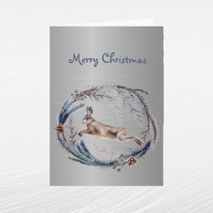 Christmas Silver Rabbit Floral Watercolor  Holiday Card