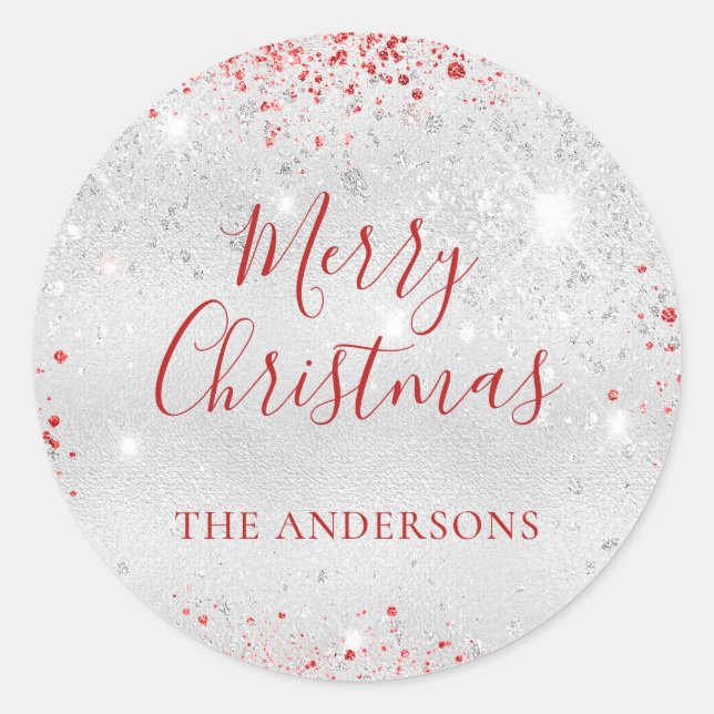 Christmas silver red glitter family name classic round sticker (Front)