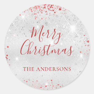 Christmas silver red glitter family name classic round sticker