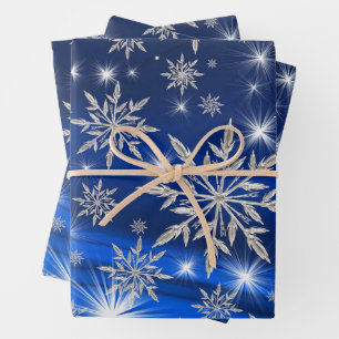 Christmas Silver Snowflakes and Stars on Blue Wrapping Paper Sheets
