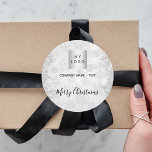 Christmas silver snowflakes business logo classic round sticker<br><div class="desc">A faux silver winter background with snowflakes. Personalize and add your business,  company logo and a text.  Text: Merry Christmas written with a modern hand letteres style script.</div>