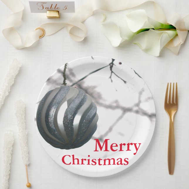 Christmas Silver Sparkly Round Ornament Ball  Paper Plates (Wedding)