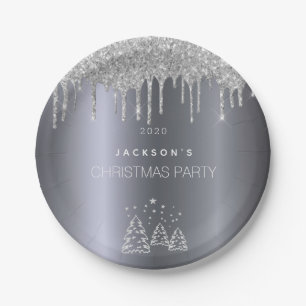 Christmas silver trees glitter drips paper plates