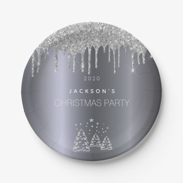 Christmas silver trees glitter drips paper plates (Front)