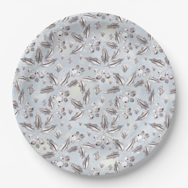 Christmas, silver twigs, white, snowflakes, winter paper plates (Front)