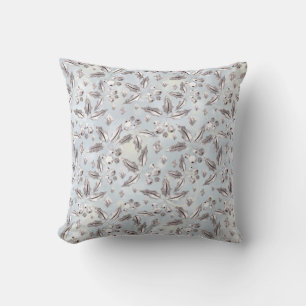 Christmas, silver twigs, white, snowflakes, winter throw pillow