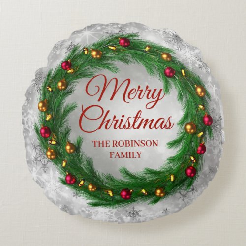 Christmas Silver Winter Sparkle Festive Wreath Round Pillow