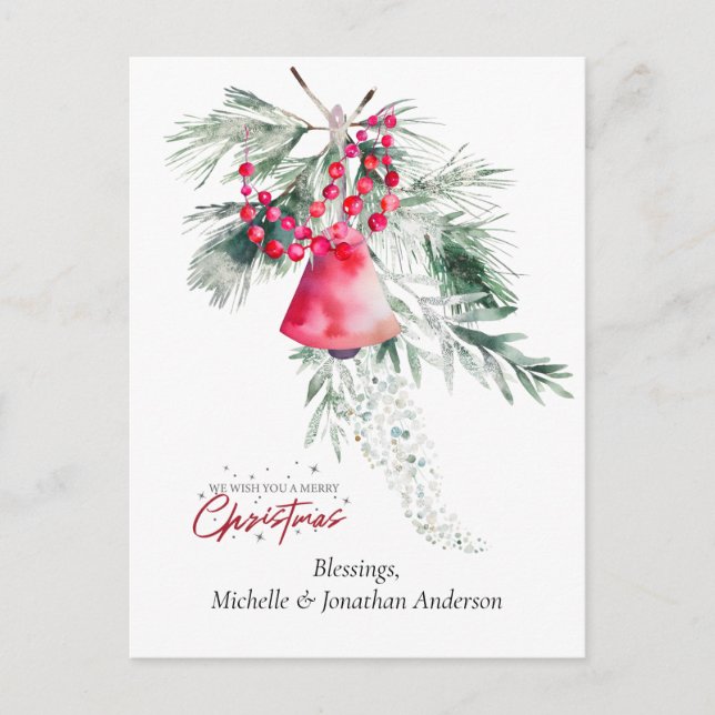 Christmas Simple Bell Greenery Design Bible Verse Holiday Postcard (Front)