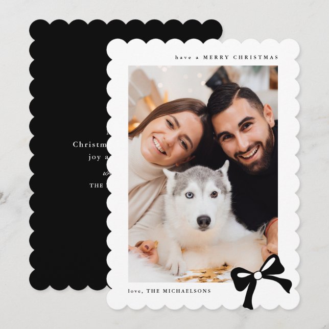 Christmas Simple Bow Black and White Photo Holiday Card (Front/Back)
