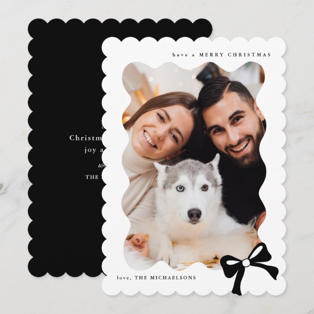 Christmas Simple Bow Black and White Photo Holiday Card (Front/Back)