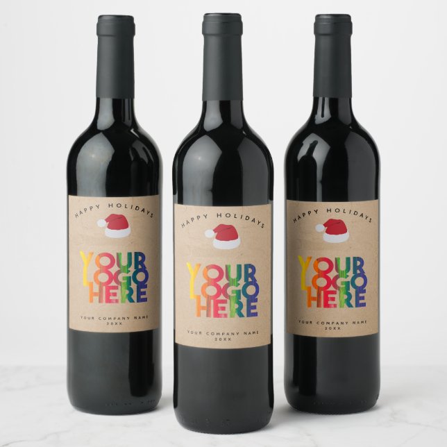Christmas Simple Business Logo Santa Hat Kraft Wine Label (Bottles)