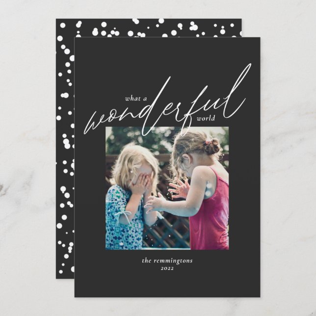 Christmas Simple Photo Black Kraft Wonderful World Holiday Card (Front/Back)