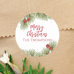 Christmas Simple Red Holly Berries Pine Leaves Classic Round Sticker<br><div class="desc">This design features Christmas holiday red holly berries, botanical greenery pine leaves branch, winter forest pine branches twigs, simple minimalist family name custom, modern elegant rustic winter woods, Christmas holiday gift favor label, Christmas holiday treat sticker, modern brush script pine tree, rustic country typography text, Christmas holiday red and green...</div>